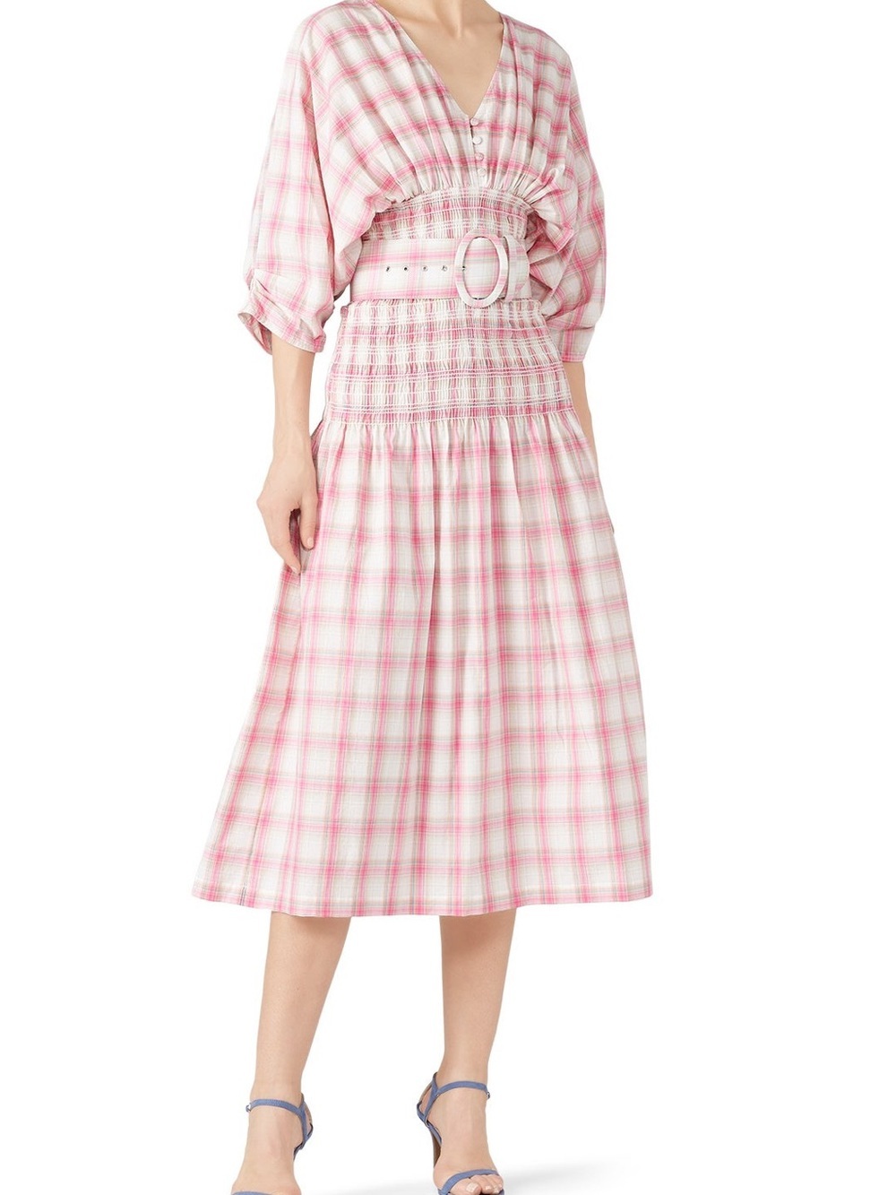 Nicholas Smocked Panel Dress Pink Plaid Midi Dress Size 6